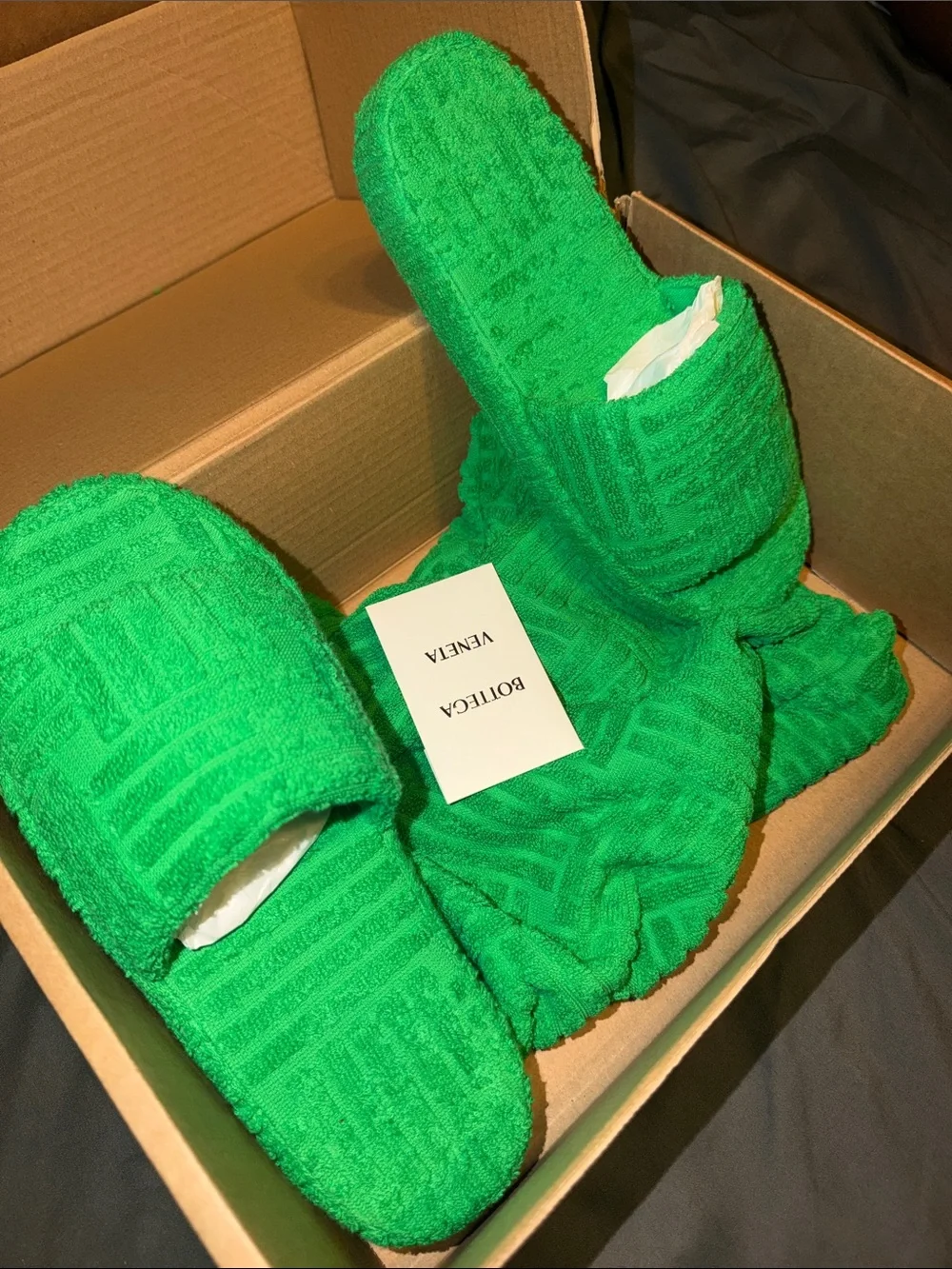 Bottega Veneta Men’s Bright Green Terrycloth Slippers